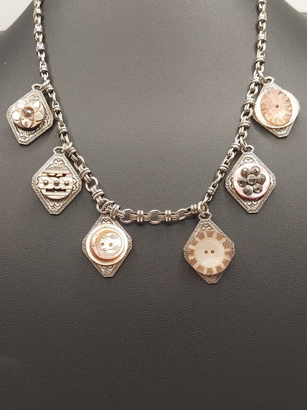 Whimsigoth Silver chain Necklace with Unique Whimsical MOP Button Charms